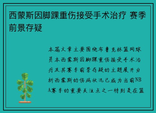 西蒙斯因脚踝重伤接受手术治疗 赛季前景存疑